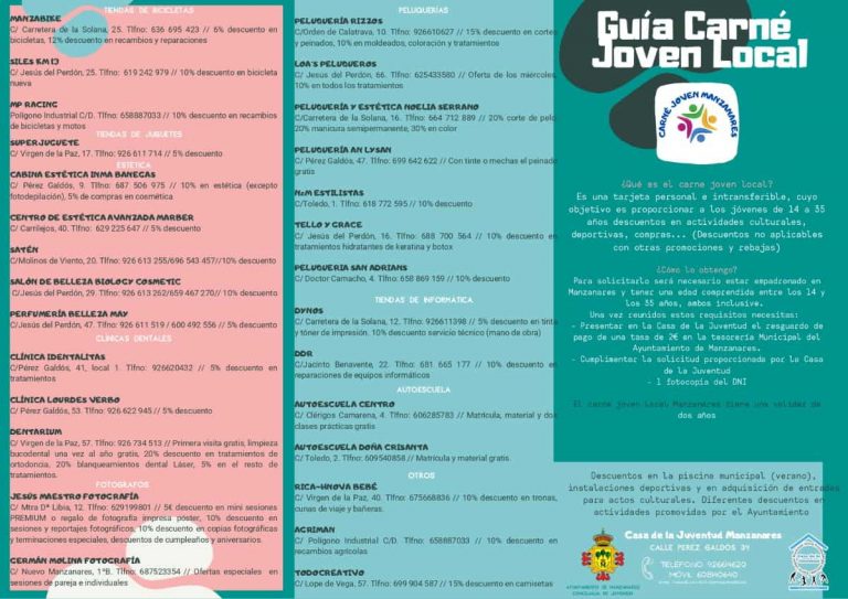 El carné joven local de Manzanares con descuentos en más de 70 comercios, y actividades culturales y deportivas