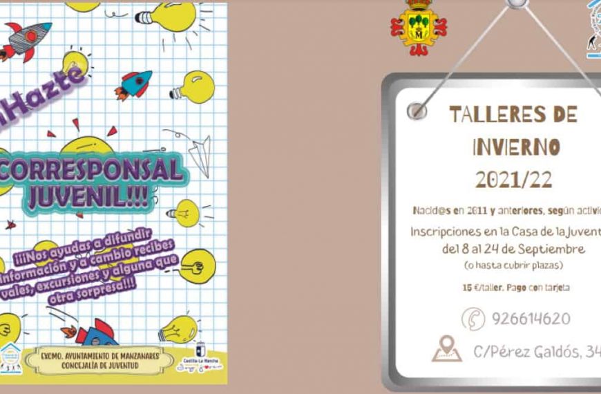 Inscripción en talleres de invierno 2021/2022 de Manzanares para nacid@s en 2011 y anteriores y según actividad