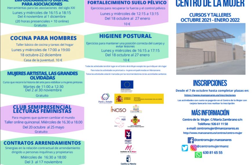 Abierta la inscripción para los cursos del Centro de la Mujer de Manzanares