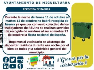 Del lunes 11 a martes 12 de octubre por Fiesta Nacional no habrá recogida de basuras en Miguelturra