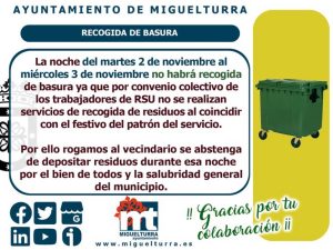 No habrá recogida de basura la noche del martes 2 al miércoles 3 de noviembre en Miguelturra