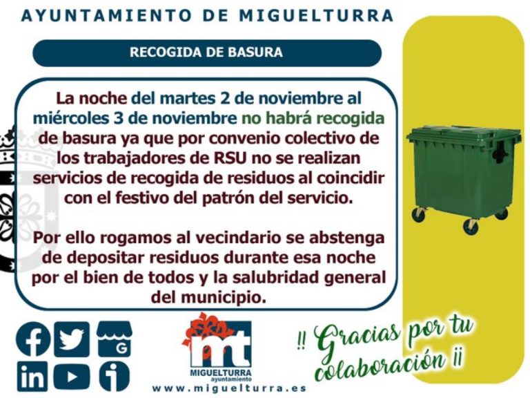 No habrá recogida de basura la noche del martes 2 al miércoles 3 de noviembre en Miguelturra
