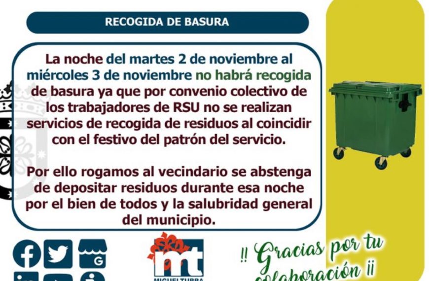 No habrá recogida de basura la noche del martes 2 al miércoles 3 de noviembre en Miguelturra