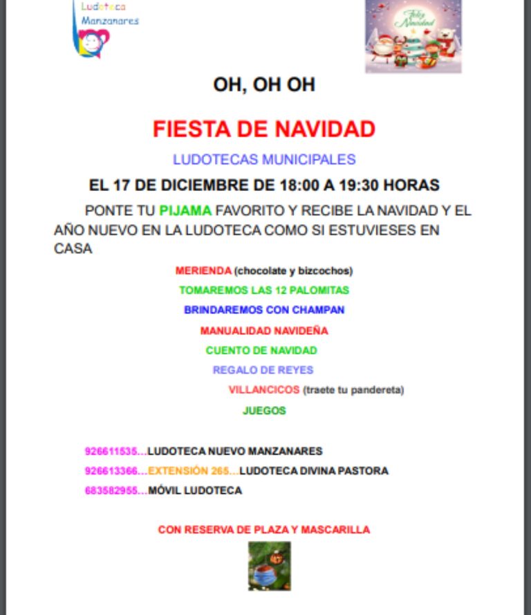 Fiesta de Navidad de las ludotecas municipales de Manzanares el 17 de diciembre de 18 a 19:30 horas