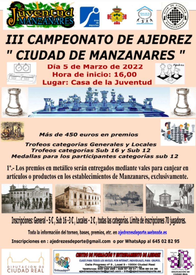 II Campeonato de Ajedrez “Ciudad de Manzanares” el 5 de marzo en la Casa de la Juventud de la localidad