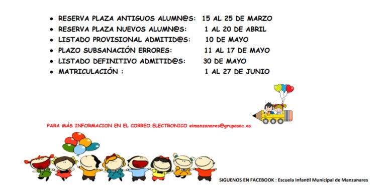 Fechas matriculación escuela infantil de Manzanares curso 2022-2023