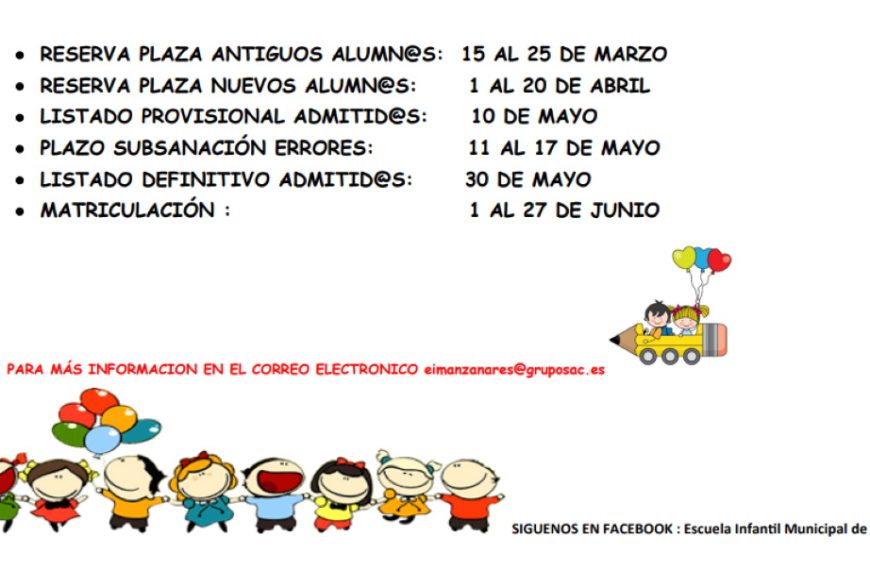 Fechas matriculación escuela infantil de Manzanares curso 2022-2023