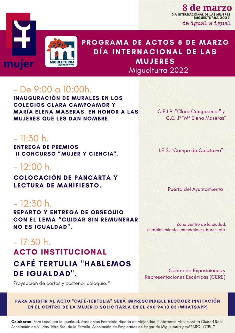 Programa de actos conmemorativos del 8 de marzo Día Internacional de la Mujer en Miguelturra