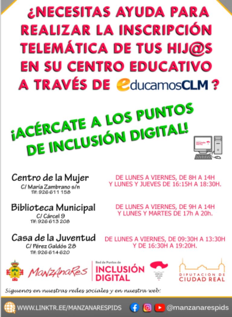 Los Puntos de Inclusión Digital de Manzanares te apoyan en la inscripción telemática de tus hijos en su centro educativo
