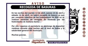 Suspensión de la  recogida de basura durante las festividades de Semana Santa 2022 en Miguelturra