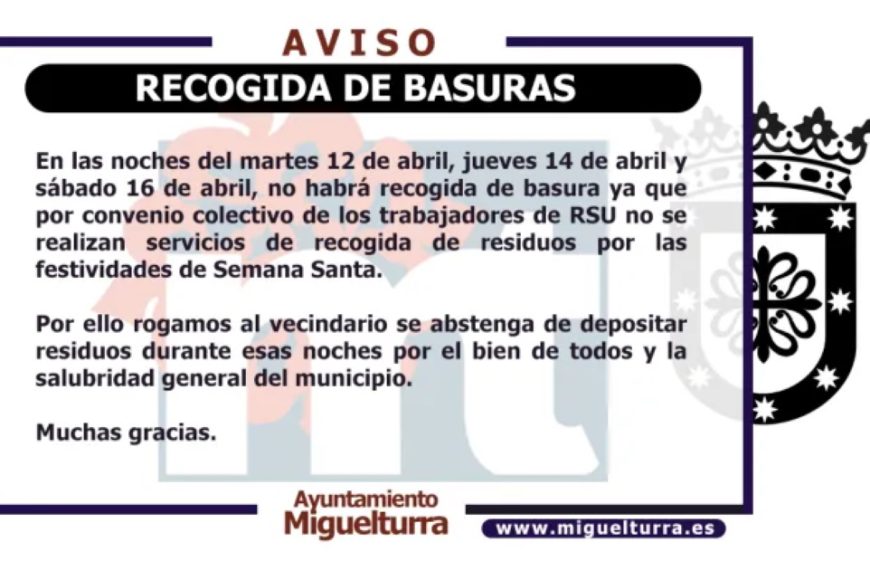 Suspensión de la recogida de basura durante las festividades de Semana Santa 2022 en Miguelturra
