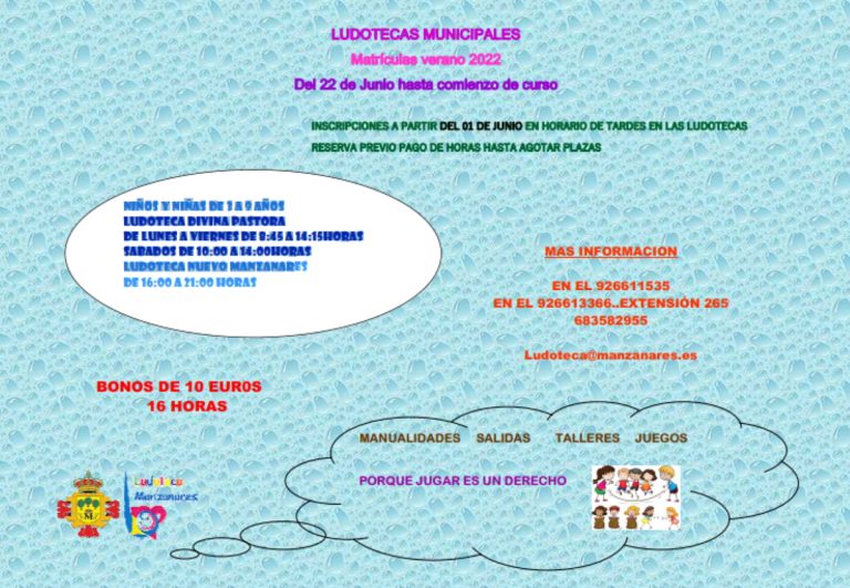 Las ludotecas municipales de Manzanares abren inscripciones a partir de mañana, 1 de junio