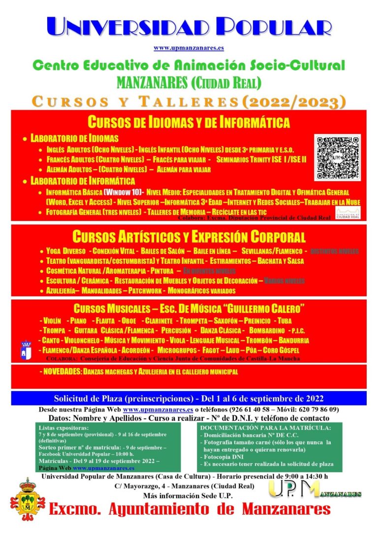 Del 1 al 6 de septiembre se puede solicitar plaza para participar en los cursos de la Universidad Popular de Manzanares