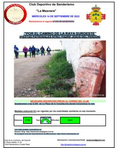 Ruta de senderismo “Por el camino de la raya suroeste” fiestas patronales de Jesús del Perdón el 14 de septiembre en Manzanares