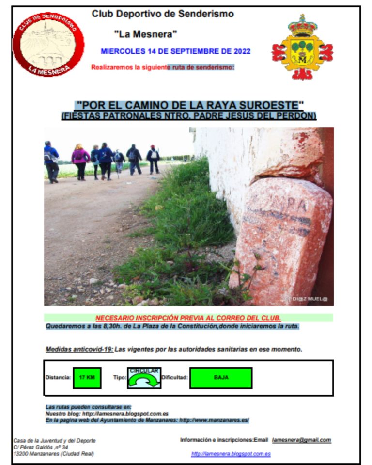 Ruta de senderismo “Por el camino de la raya suroeste” fiestas patronales de Jesús del Perdón el 14 de septiembre en Manzanares