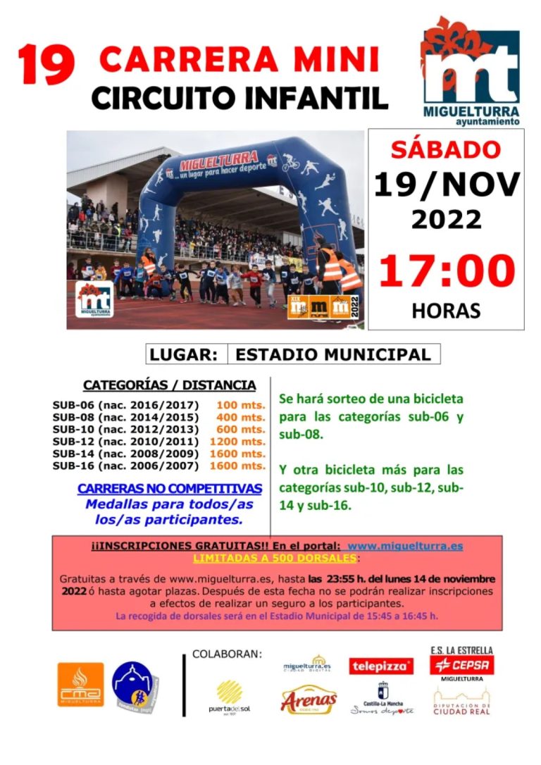 Participa en la Carrera Mini de Miguelturra el sábado 19 de noviembre a partir de las 5 de la tarde