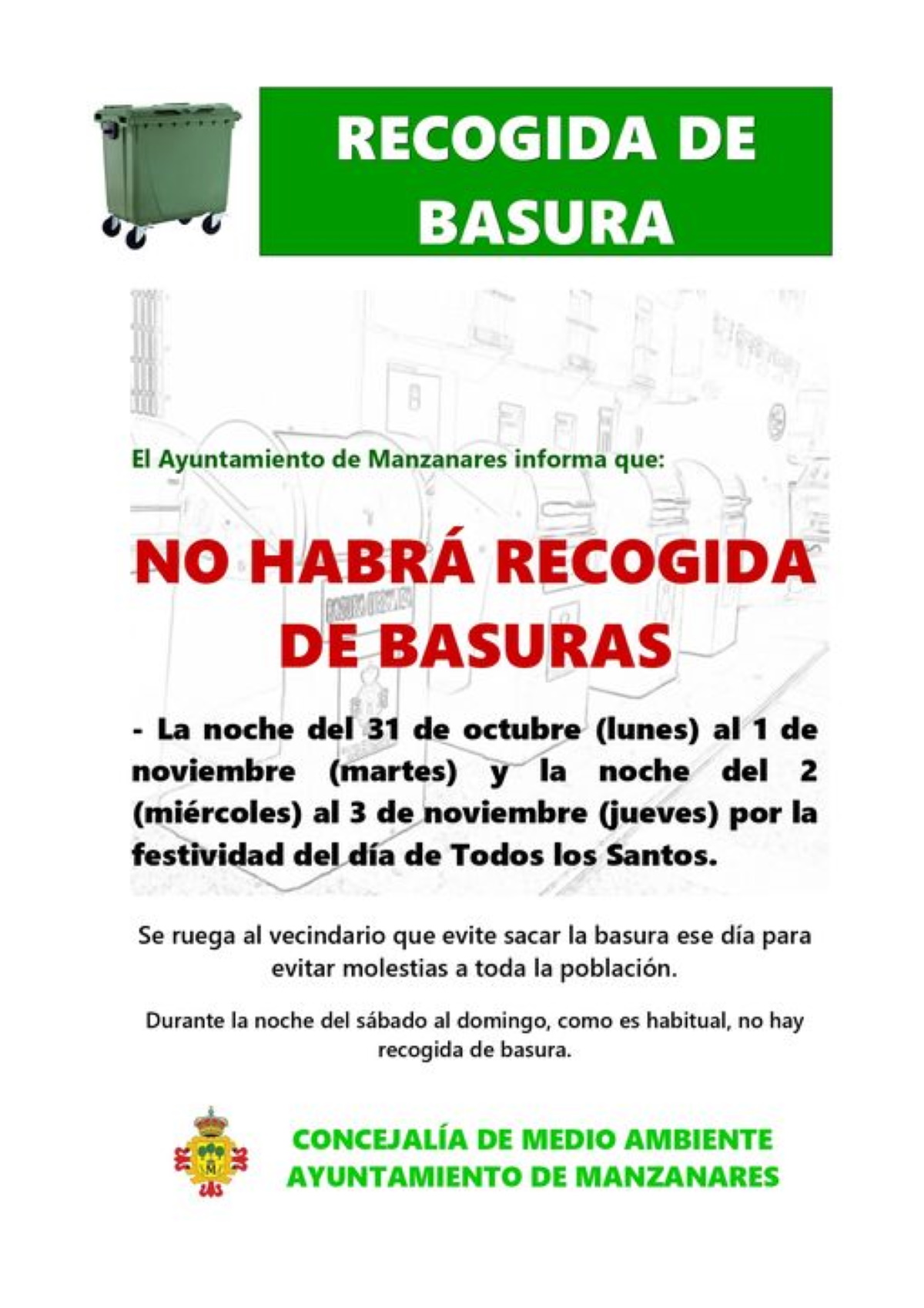 No habrá recogida de basura las noches del 31 de octubre y 2 de noviembre en Manzanares