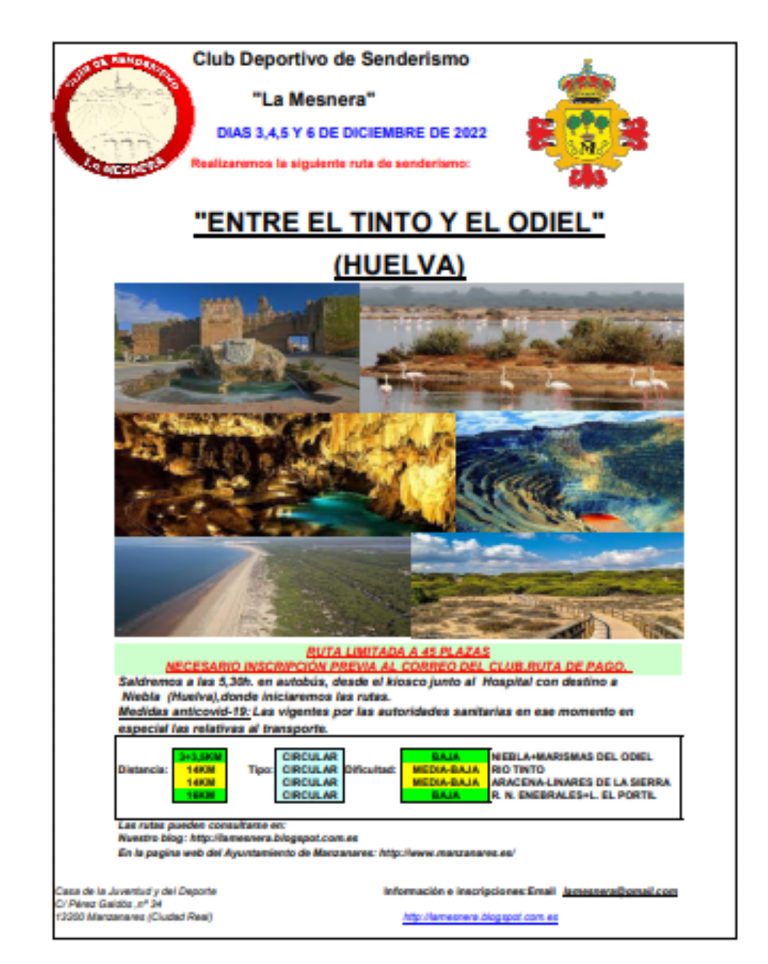 Ruta de senderismo entre el Tinto y el Odiel (Huelva) el 3, 4,5 y 6 de diciembre del Club Deportivo La Mesnera de Manzanares