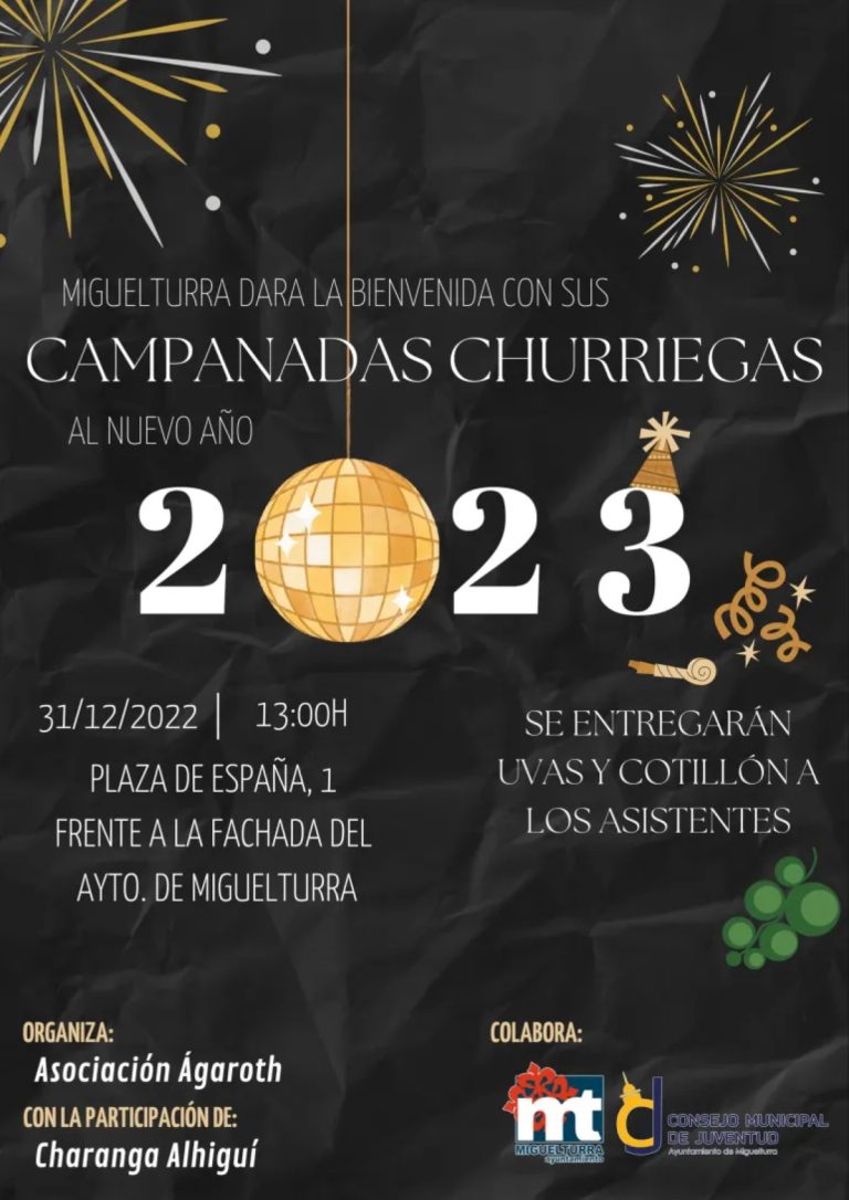 Las Campanadas Churriegas 2023, a partir de la 1 de la tarde frente a las puertas del ayuntamiento de Miguelturra  el 31 de diciembre de 2022