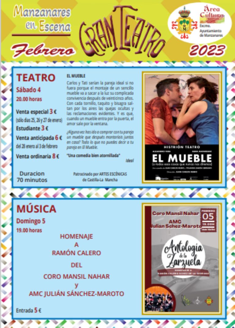 Teatro y música en Manzanares en Escena este febrero en el Gran Teatro de la localidad
