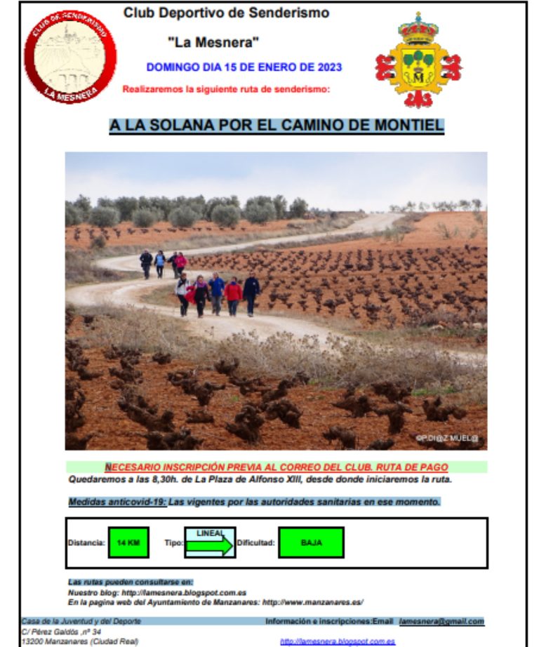 Ruta de senderismo a la Solana por el Camino de Montiel el 15 de enero del Club La Mesnera de Manzanares