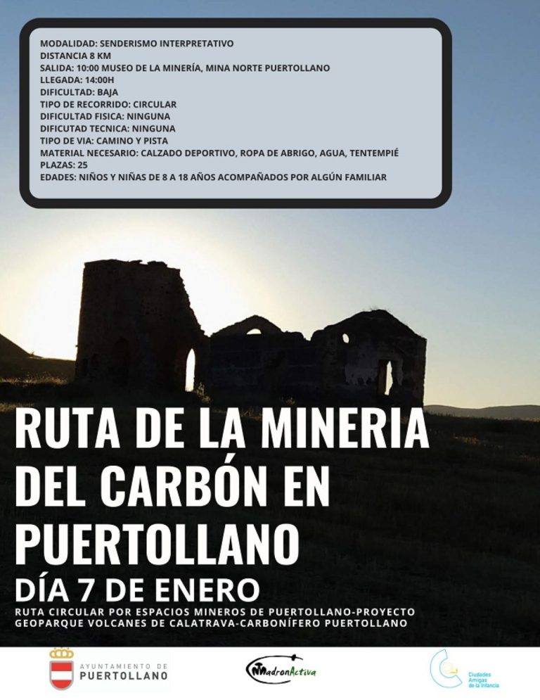 Ruta de senderismo de la minería del carbón de Puertollano el 7 de enero para niños y jóvenes de 8 a 18 años acompañados de algún familiar