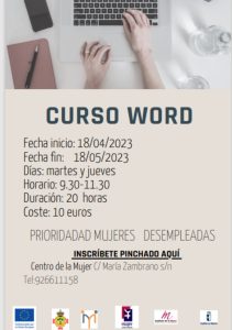 Curso de Word inicia el 18 de abril en el Centro de la Mujer de Manzanares