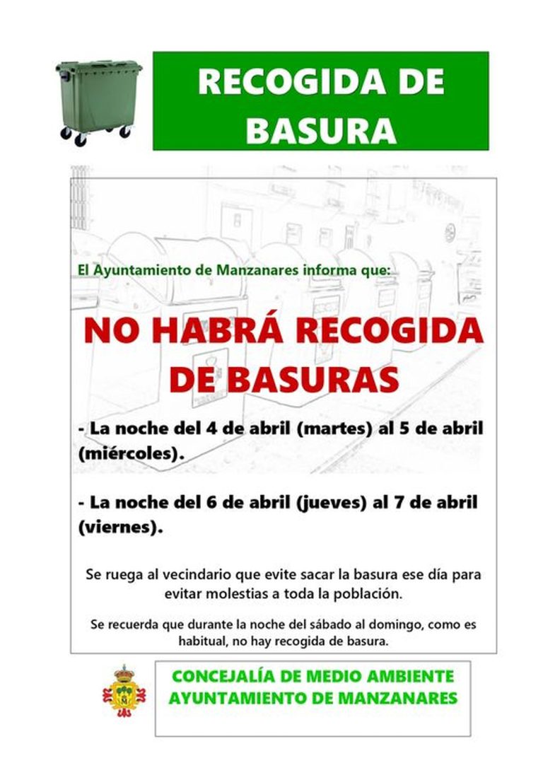 No habrá recogida de basuras en Manzanares las noches del 4 al miércoles 5 de abril y del jueves 6 al 7 de abril