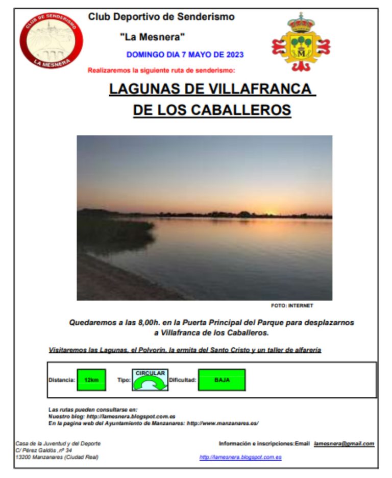 Ruta de senderismo a Lagunas de Villafranca de los Caballeros el 7 de mayo  del Club Deportivo de Senderismo “La Mesnera”