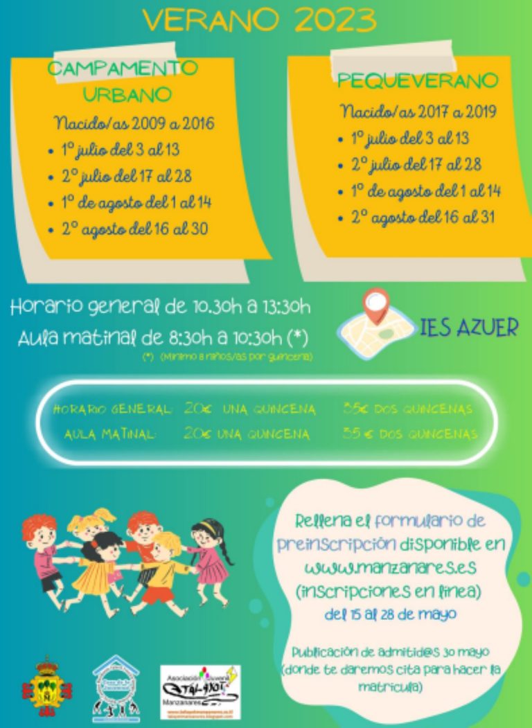 Campamento Urbano y Pequeverano de Manzanares preinscripciones del 15 al 28 de mayo de 2023