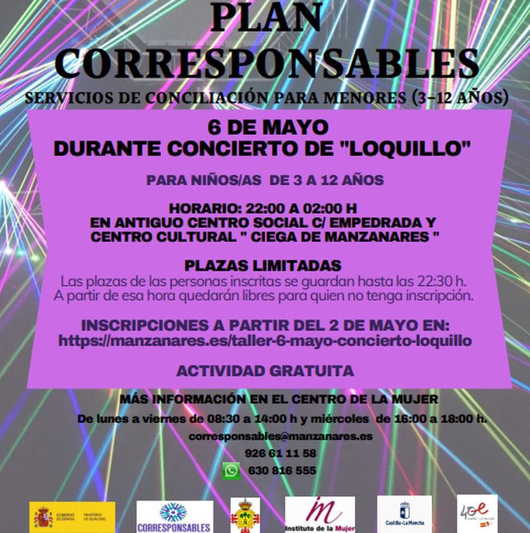 Plan Corresponsables Servicios de Conciliación para menores de 3 a 12 años el 6 de mayo durante el concierto de Loquillo en Manzanares