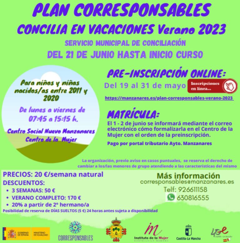 Plan Corresponsables -Concilia en vacaciones verano 2023- desde el 21 de junio y hasta el inicio del curso en Manzanares