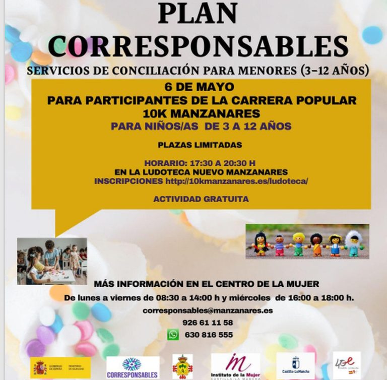 Servicio de conciliación para niños/as de 3 a 12 años de participantes de la Carrera Popular 10K de Manzanares el 6 de mayo