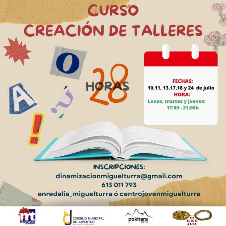 Curso creación de talleres 10, 11, 13, 17, 18 y 24 de julio en horario de 17 a 21 horas en Miguelturra