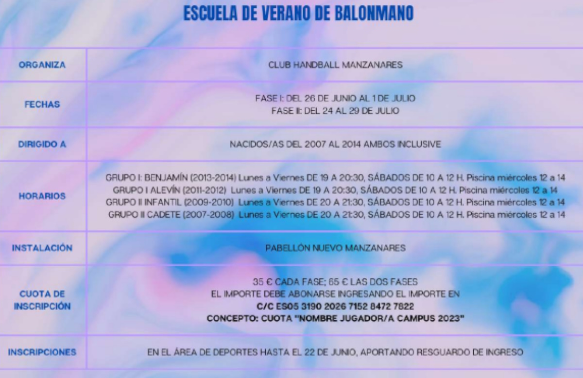 Escuela de verano de balonmano para nacidos del 2007 al 2014 en Manzanares
