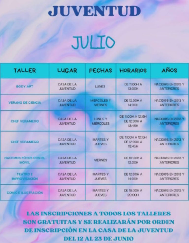 Talleres de verano para jóvenes en Manzanares inscripción gratuita del 12 al 23 de junio en la Casa de la Juventud