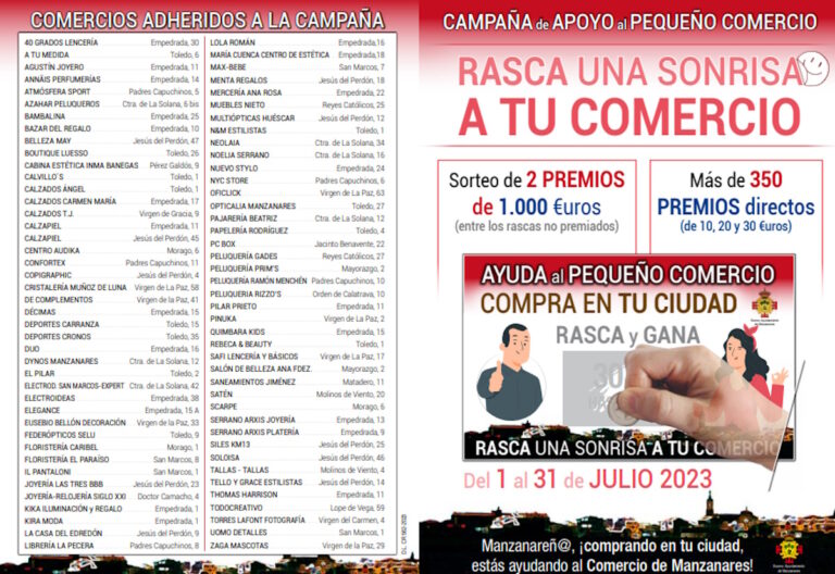 Campaña “Rasca una sonrisa a tu comercio” del 1 al 31 de julio 2023 en Manzanares, apoya al pequeño comercio Campaña “Rasca una sonrisa a tu comercio” del 1 al 31 de julio 2023 en Manzanares, apoya al pequeño comercio