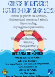 Cursos de natación octubre diciembre 2023 en Manzanares el sorteo de plazas será el 28 de agosto