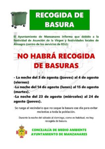 Por festividad de la Asunción de la Virgen no habrá recogida de basura del 14 al 15 de agosto en Manzanares y del 23 al 24 de agosto