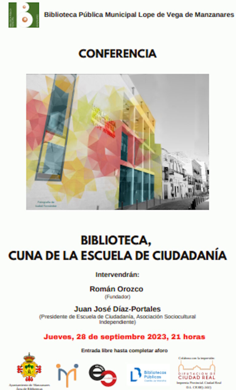 Conferencia “Biblioteca, cuna de la escuela de la ciudadanía” el 28 de septiembre en la Biblioteca Municipal Lope de Vega de Manzanares