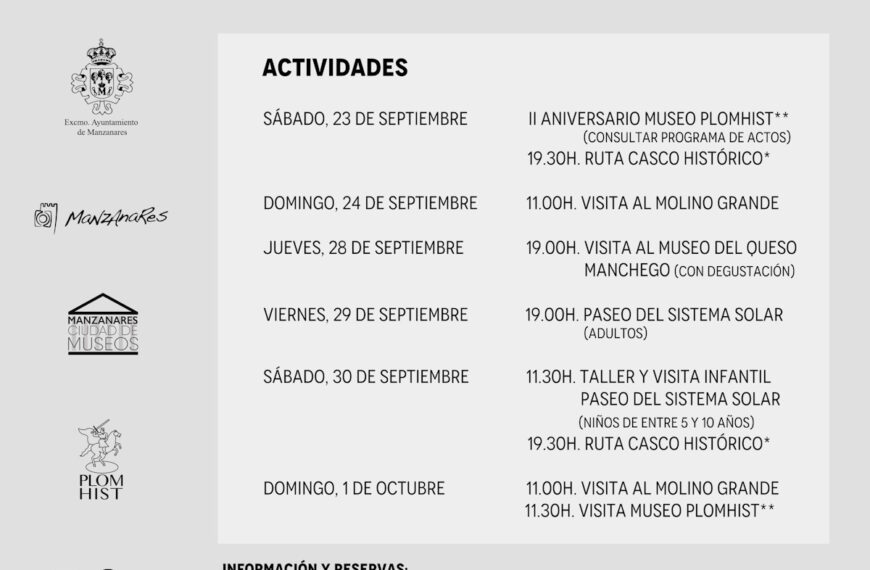 Manzanares celebrará el Día Mundial del Turismo con actividades gratuitas del sábado 23 de septiembre al 1 de octubre