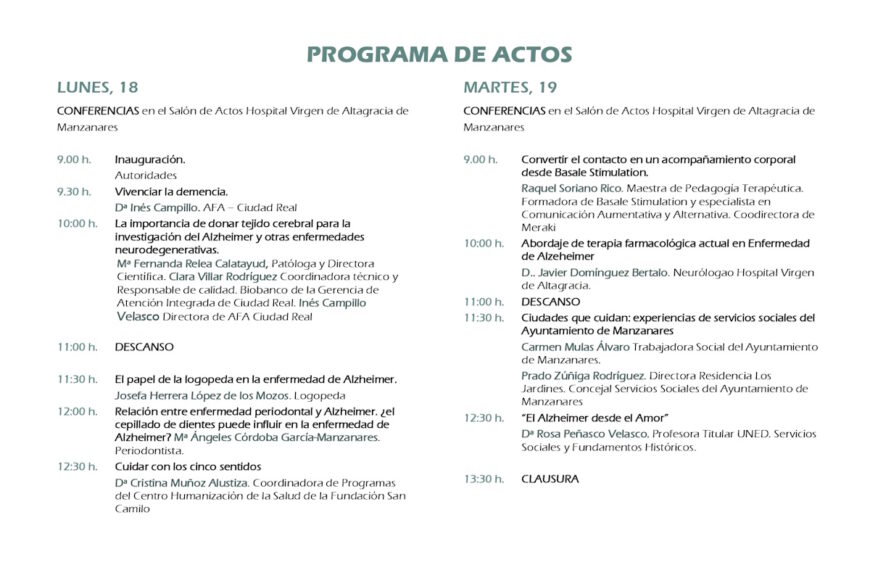 Jornadas de Alzheimer “Ciudad de Manzanares” el 18 y 19 de septiembre en el hospital Virgen de Altagracia