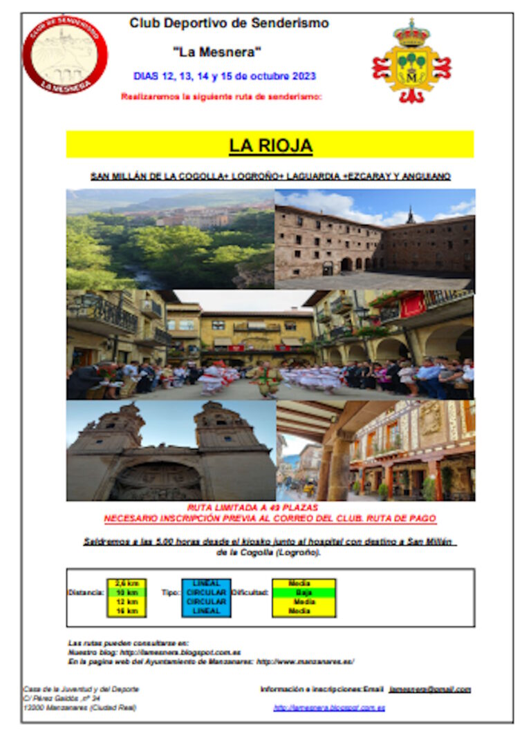 Ruta de senderismo  San Millán de la Cogolla+Logroño+Laguardia+Ezcaray y Anguiano 12, 13 y 15 de octubre Ruta de senderismo  San Millán de la Cogolla+Logroño+Laguardia+Ezcaray y Anguiano 12, 13 y 15 de octubre