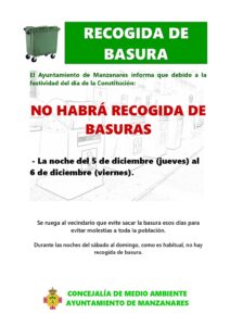 Suspendida la Recogida de Basura Esta Noche por la Festividad del Día de la Constitución