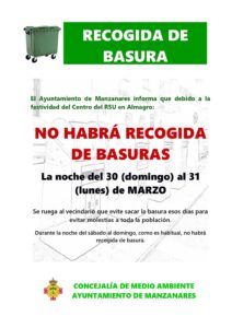 Concejalía de Medio Ambiente de Manzanares Anuncia Suspensión de Recogida de Residuos por Festividad del Centro RSU en Almagro