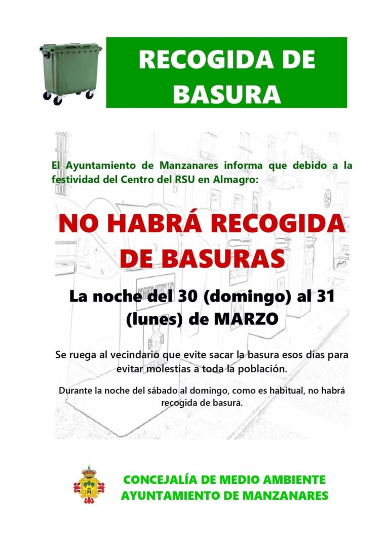 Concejalía de Medio Ambiente de Manzanares Anuncia Suspensión de Recogida de Residuos por Festividad del Centro RSU en Almagro