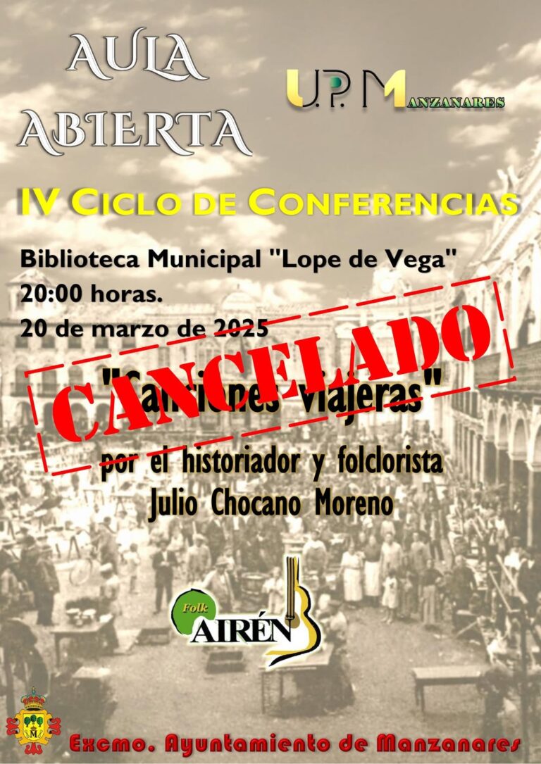 Suspensión de la Sesión del Aula Abierta en Universidad Popular de Manzanares, Organizada por Folk AIRÉN, Este Jueves