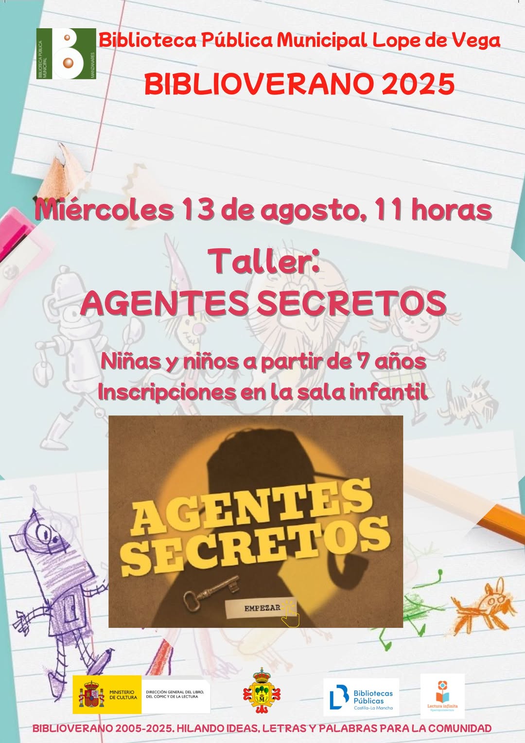 Taller Infantil ‘Agente…’ de Rosa María Casado Moraleda este Miércoles en el Biblioverano de la Biblioteca Municipal ‘Lope de Vega’
