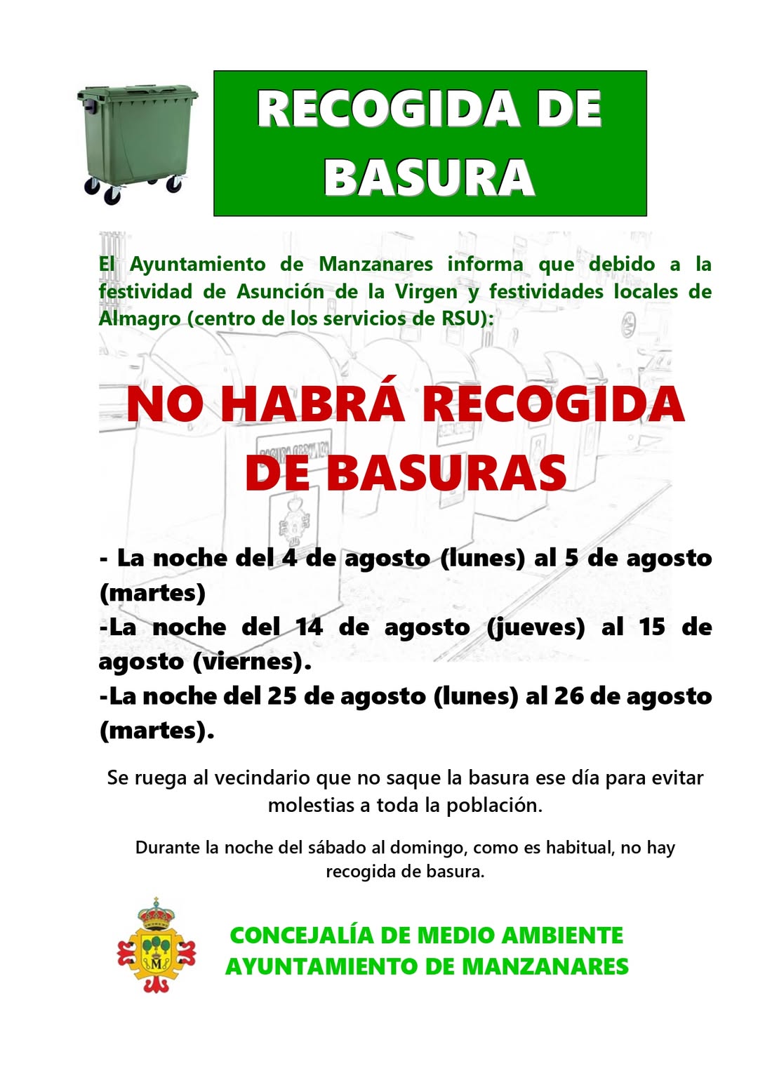 ¡Importante! Cambios en el Servicio de Recogida de Basura Anunciados por el Consorcio RSU Ciudad Real Para las Próximas Fechas