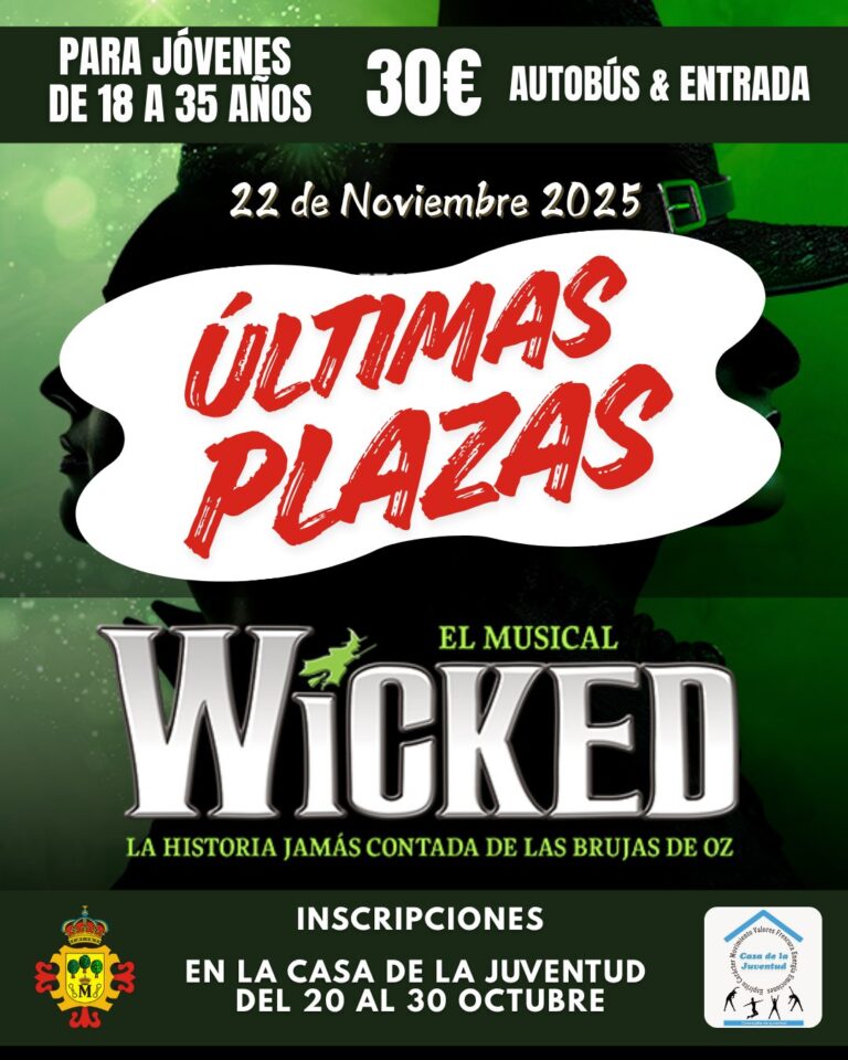 Inscríbete Ahora: Últimos Asientos Disponibles para Experimentar la Magia de WICKED el 22 de Noviembre; Incluye Viaje en Autobús y Entrada por solo 30€ Inscríbete Ahora: Últimos Asientos Disponibles para Experimentar la Magia de WICKED el 22 de Noviembre; Incluye Viaje en Autobús y Entrada por solo 30€